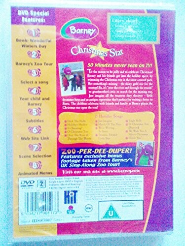 Back cover of Barney Christmas Star DVD with special features and description.