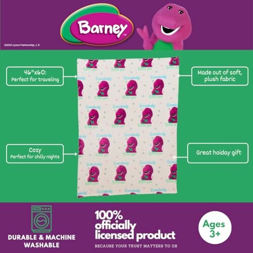 Barney fleece blanket with colorful design, perfect for kids.