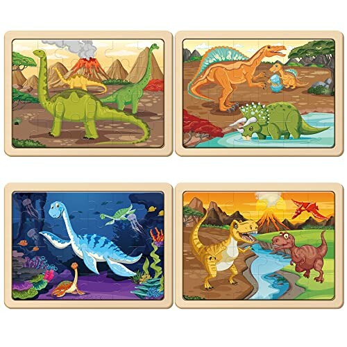 Four dinosaur-themed jigsaw puzzles featuring various dinosaurs in colorful landscapes.