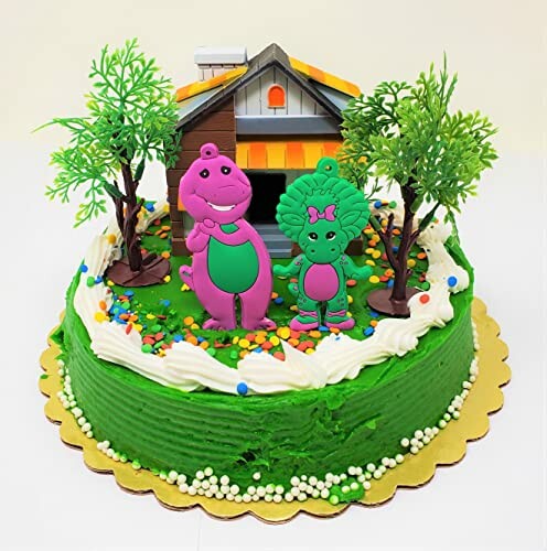 Dinosaur-themed birthday cake with two figurines and trees.