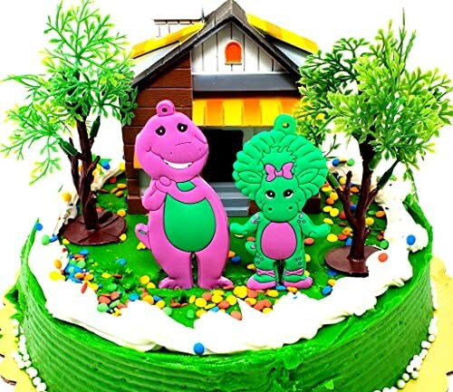 Dinosaur cake toppers on a green cake with trees and sprinkles.