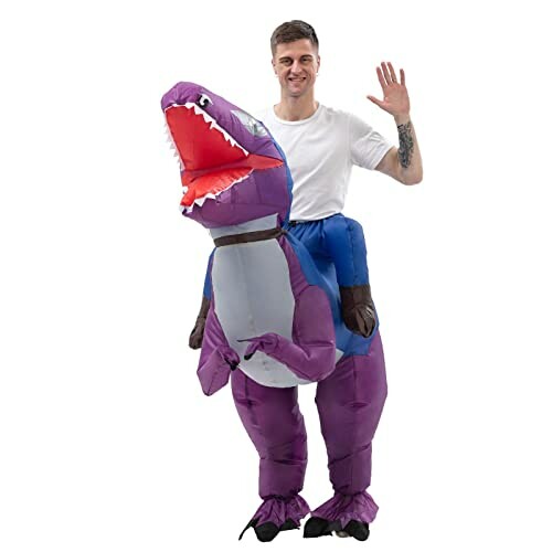 Man in an inflatable dinosaur costume waving.