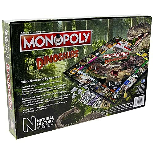 Monopoly Dinosaurs board game box featuring a dinosaur-themed design.