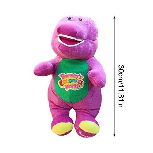 Purple dinosaur plush toy with green belly and colorful text.