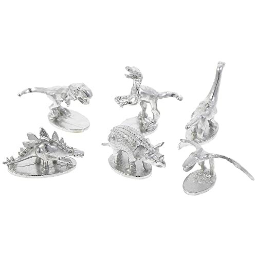 Silver dinosaur figurines in various poses.