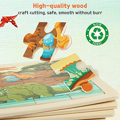 High-quality wooden puzzle pieces with dinosaur theme, non-toxic.